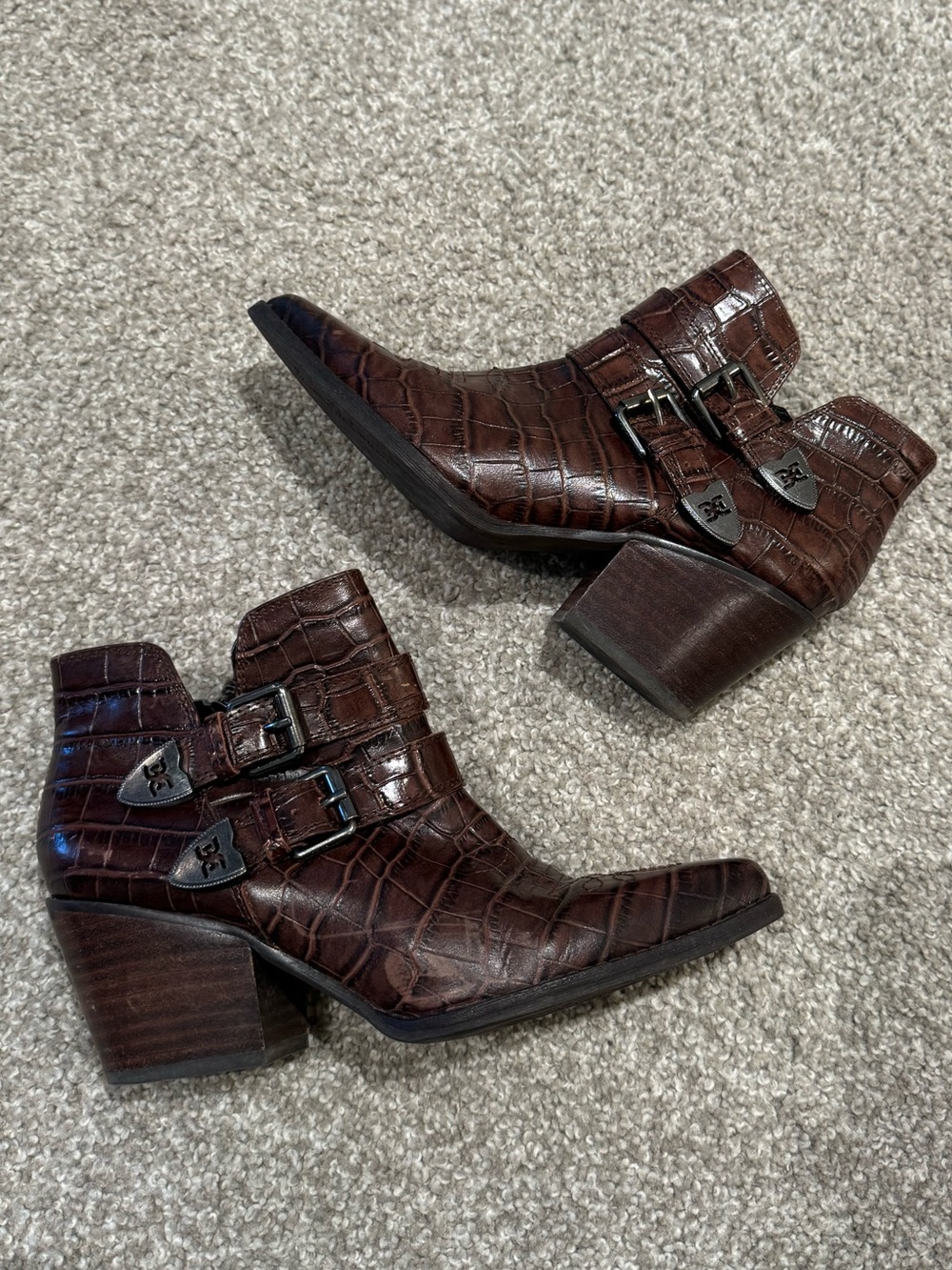 Sam Edelman Dark Brown Croc-Embossed Buckle Ankle Boots